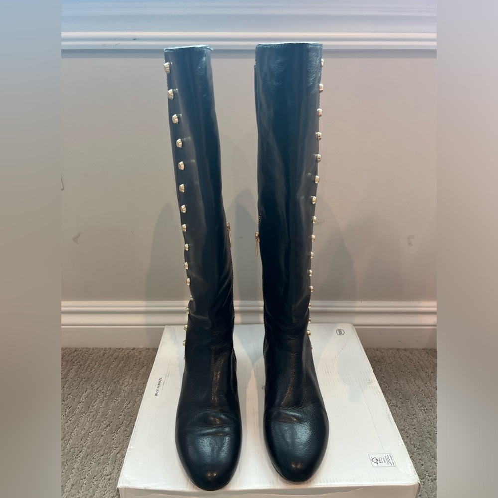 Michael Kors Below the Knee Black Leather Studded Boots, Size 6.5